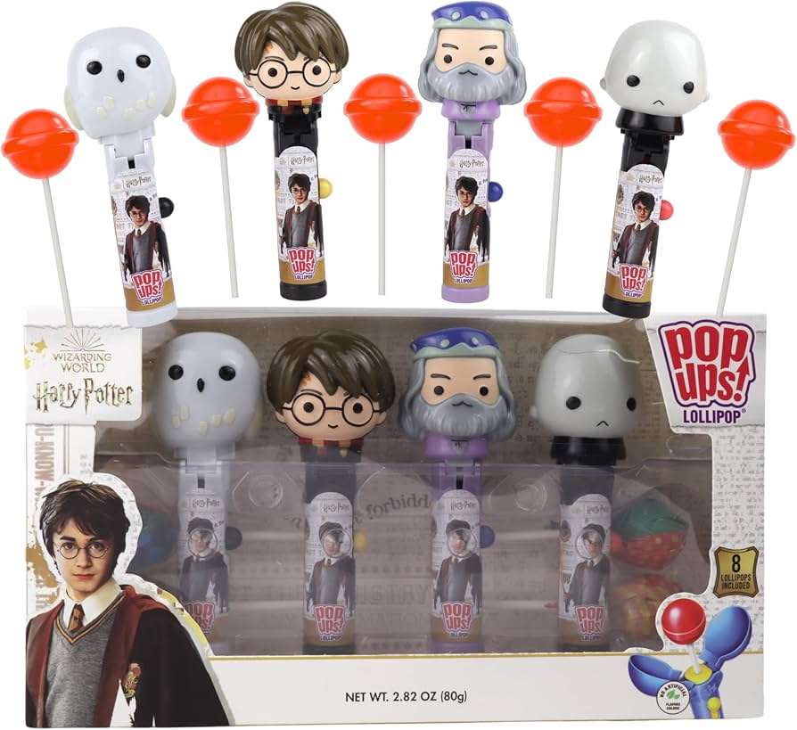 Limited Edition Harry Potter Pop Ups Gift Set, Individually Wrapped Suckers with Character Lollipop Holders, Strawberry