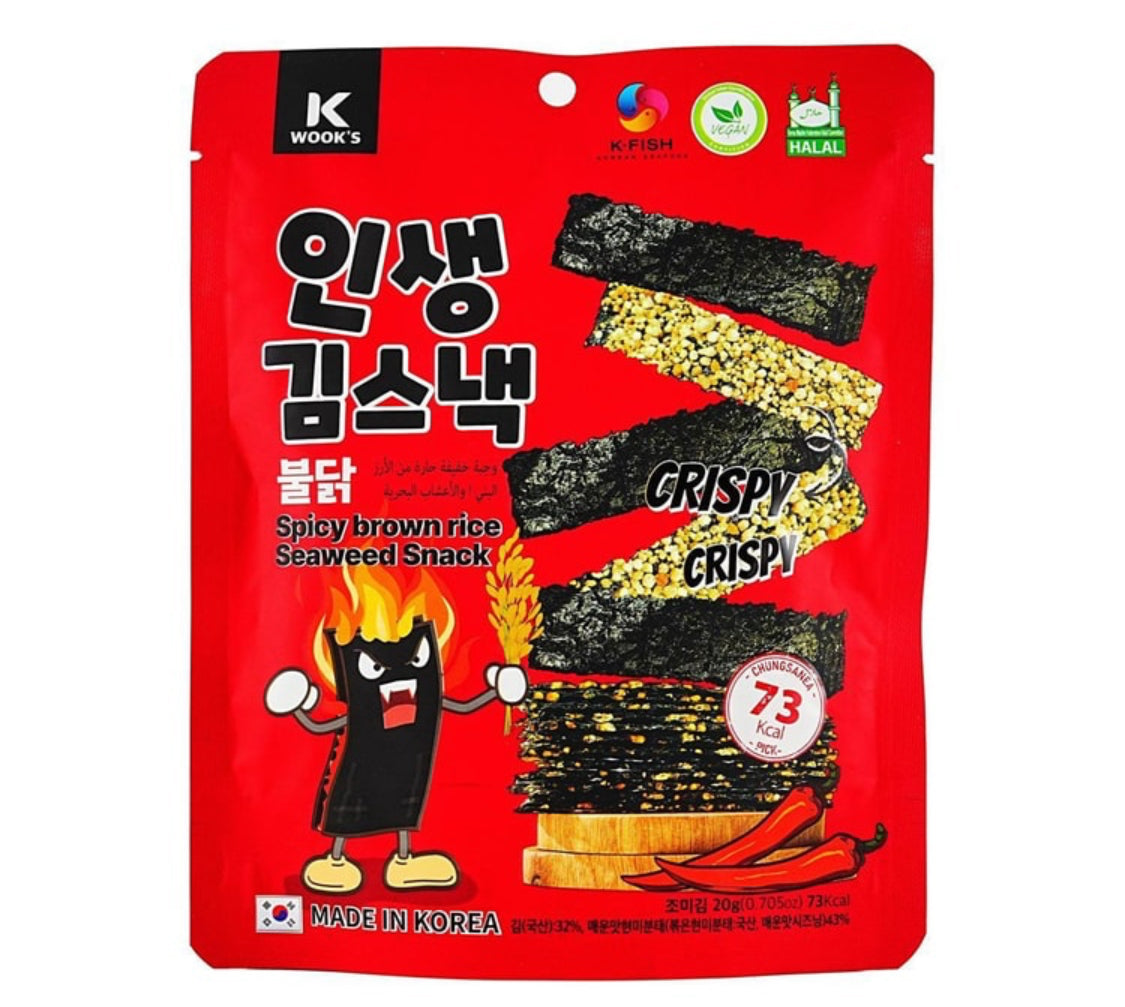 K wook’s spicy brown rice seaweed snack وجبة خفيفة من الأرز البني الحار مع الأعشاب البحرية من كي ووك