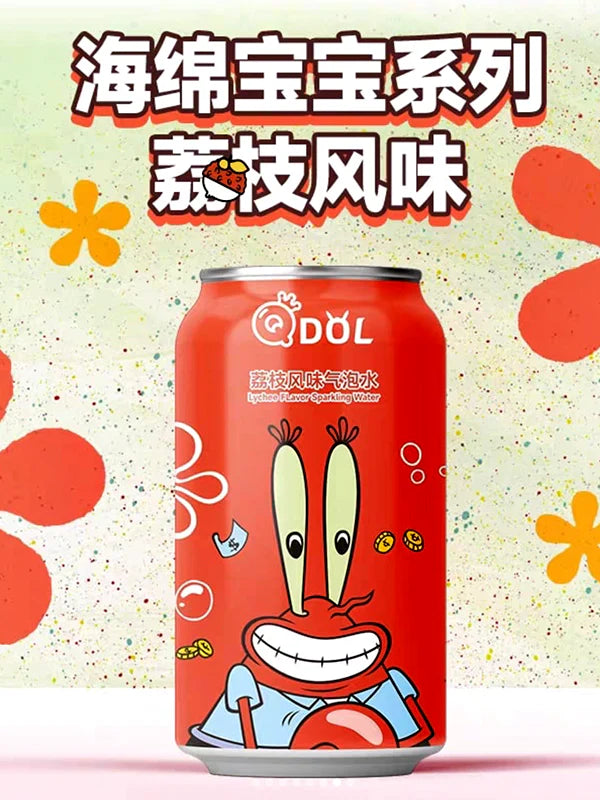 Qdol sbongepob squarepants lychee flavored sparkling water 330ml مياه كيودول فوارة بنكهة الليتشي مستوحاة من سبونج بوب سكوير بانتس، 330 مل