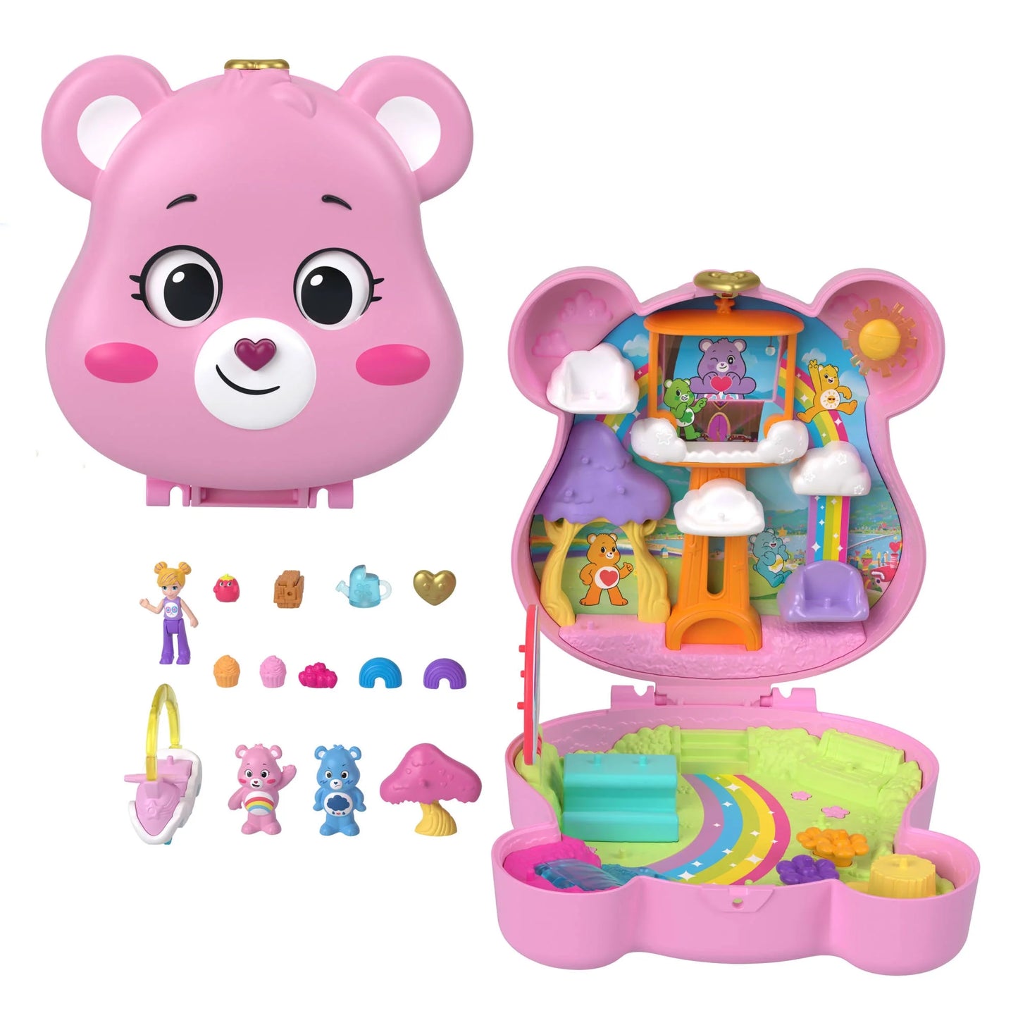 Polly Pocket x Care Bears Dolls & Playset with Toy Car and Themed Accessories, Travel Toy, Partnership Compact