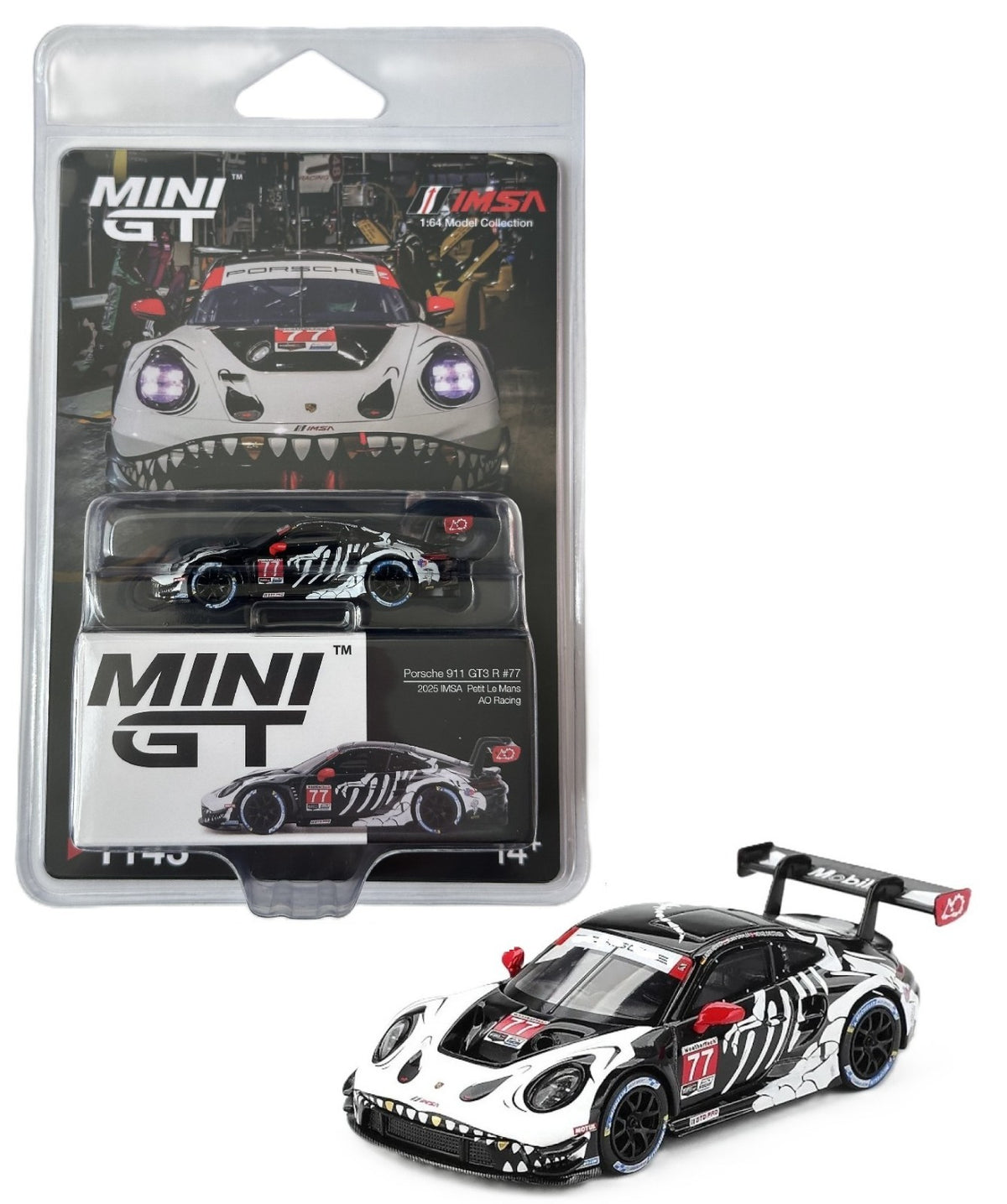 Mini GT Regular Release #1143 - “Skeleton Rexy” Porsche 911 GT3 R #77 (2025 IMSA Petit Le Mans AO Racing)