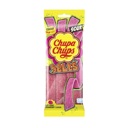 Chupa Chups Sour Strawberry Belts 90g اشرطه الجيلي الحامضه بنكه  الفراولة