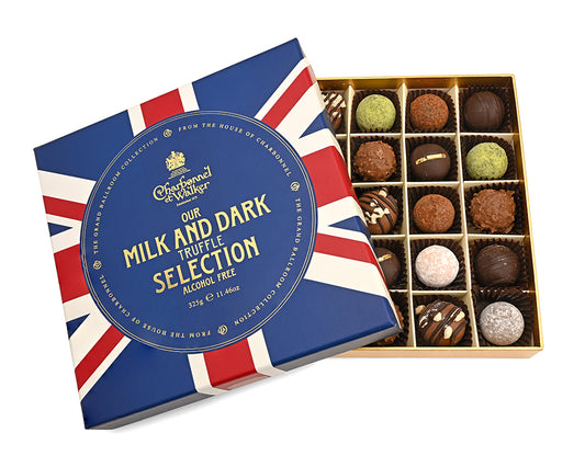 Charbonnel et Walker Union Flag Milk and Dark Truffle Selection Alcohol Free تشكيلة شاربونيل إيه ووكر من الكمأة بالحليب والكمأة الداكنة بنكهة علم الاتحاد، خالية من الكحول