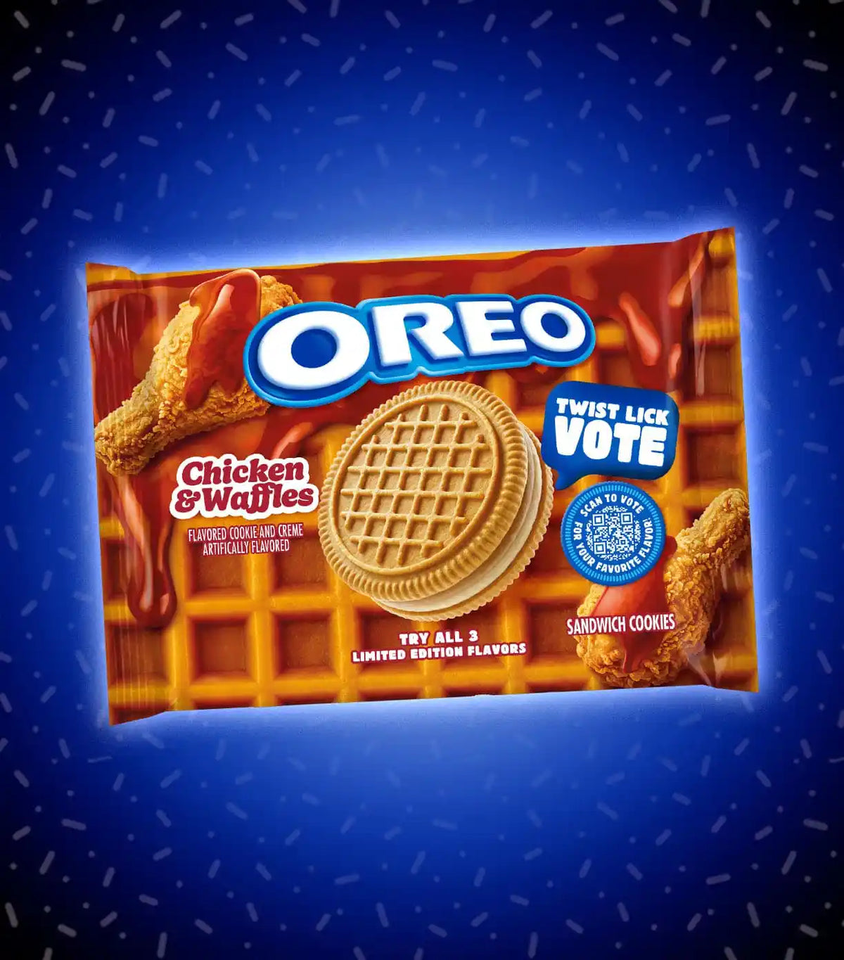 Oreo Twist Lick Vote chicken and waffles flavored sandwich cookies and creme