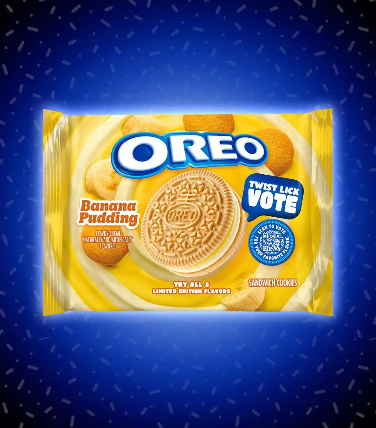 Oreo Twist Lick Vote banana pudding flavored sandwich cookies and creme
