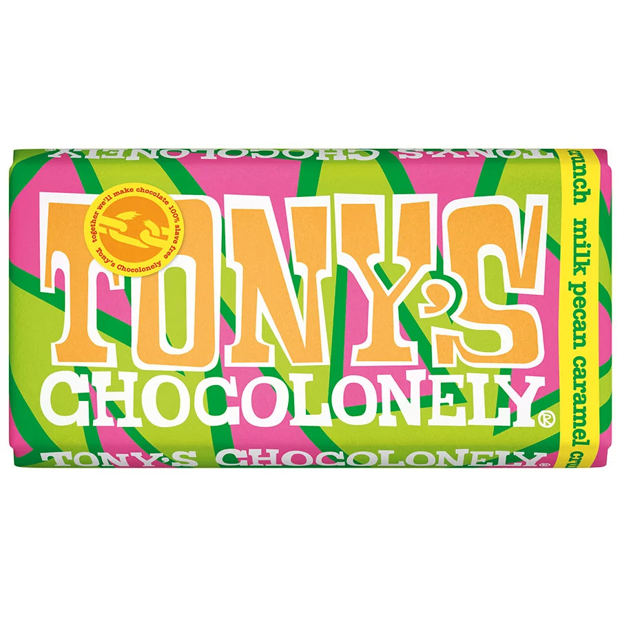 Tony’s chocolonely milk pecn caramel حليب الشوكولاتة بالكراميل والجوز البقان من توني