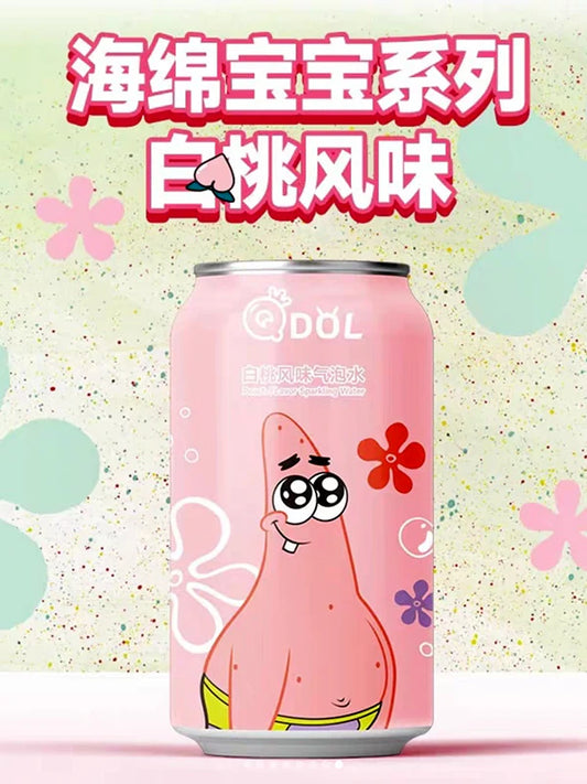 Qdol spongebob squarepants white peach flavored sparkling water 330ml مياه كيودول فوارة بنكهة الخوخ الأبيض سبونج بوب سكوير بانتس 330 مل
