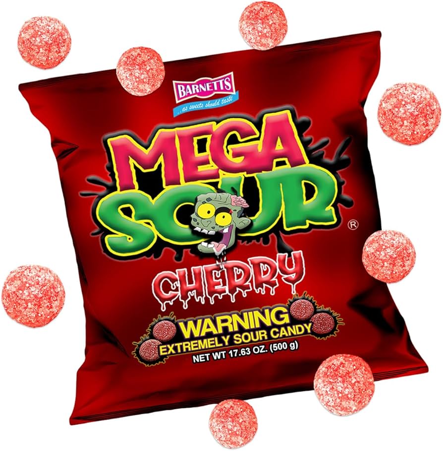 Barnetts Mega Sour cherry sour candy challange 104g تحدي حلوى الفواكه الحامضة الضخمة من بارنيتس 104 غرام