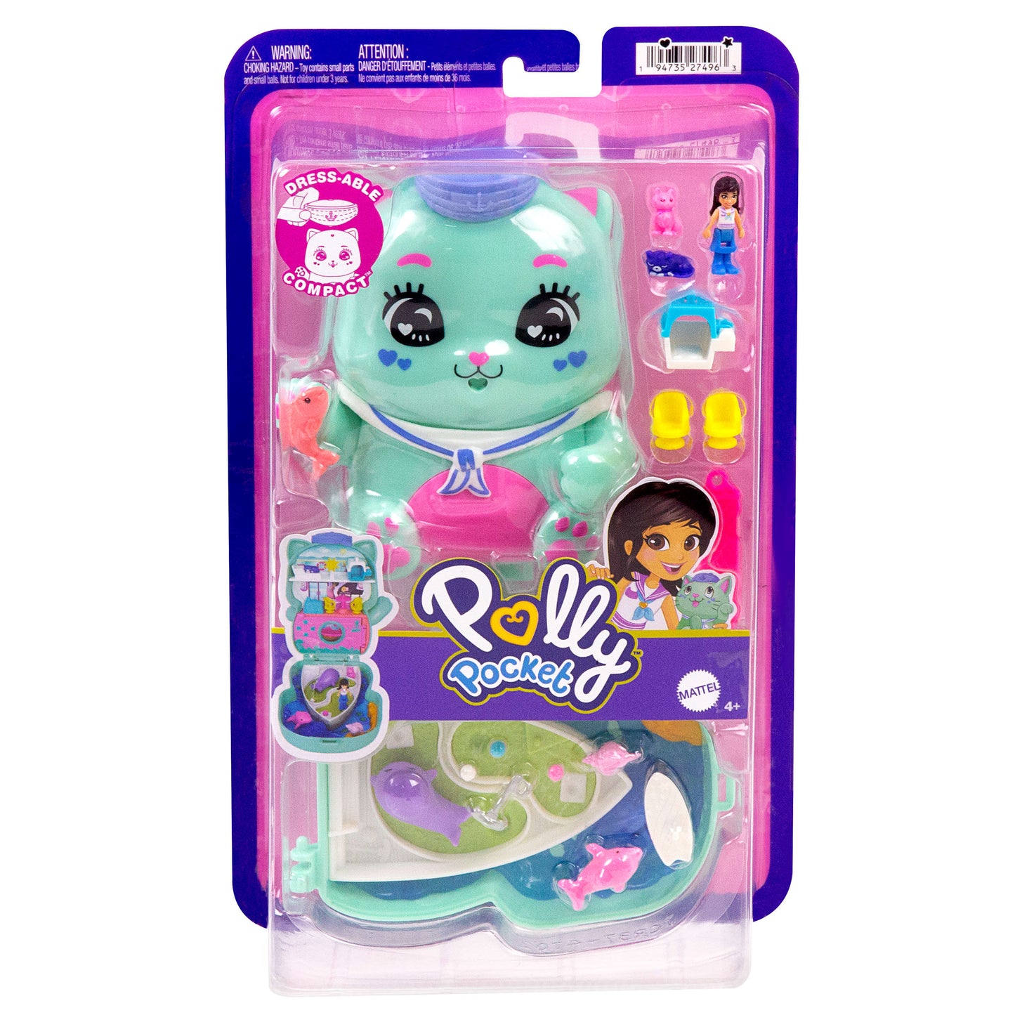 Polly Pocket Dolls and Playset, Set Sail Kitty Compact, Travel Toy with 1 Micro Doll, Pet Cats, Food & Fashion Styling Accessories