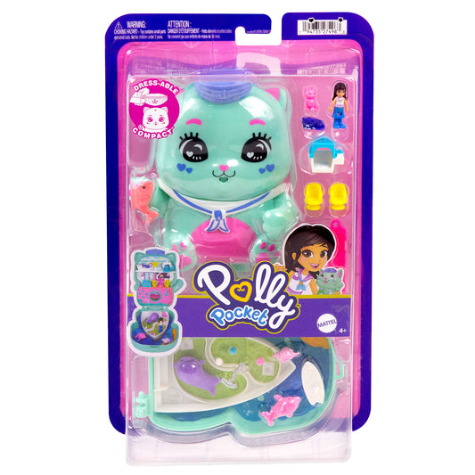 Polly Pocket Dolls and Playset, Set Sail Kitty Compact, Travel Toy with 1 Micro Doll, Pet Cats, Food & Fashion Styling Accessories