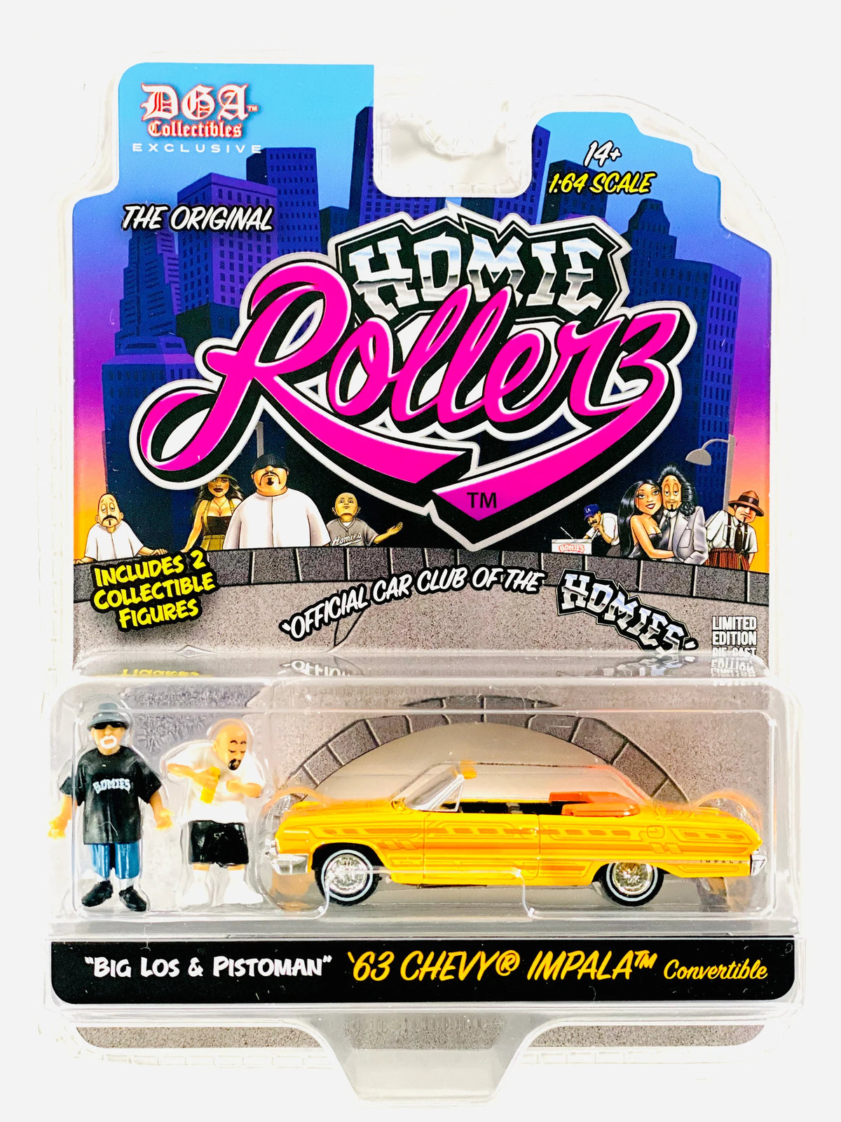 GreenLight & DGA Collectibles - 2025 Series 1 Homie Rollerz - ‘63 Chevy Impala Convertible With Big Los & Pistoman Homies