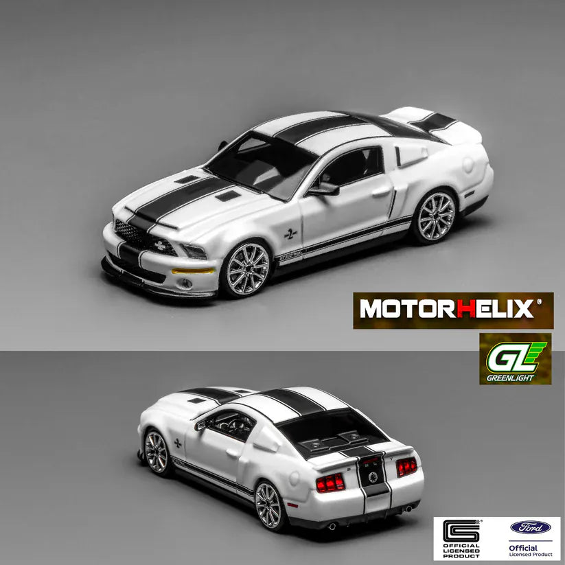 Ford Mustang Shelby GT500 2007 Super Snake Performance White with Black Dual Stripes Motorhelix x Greenlight 1:64