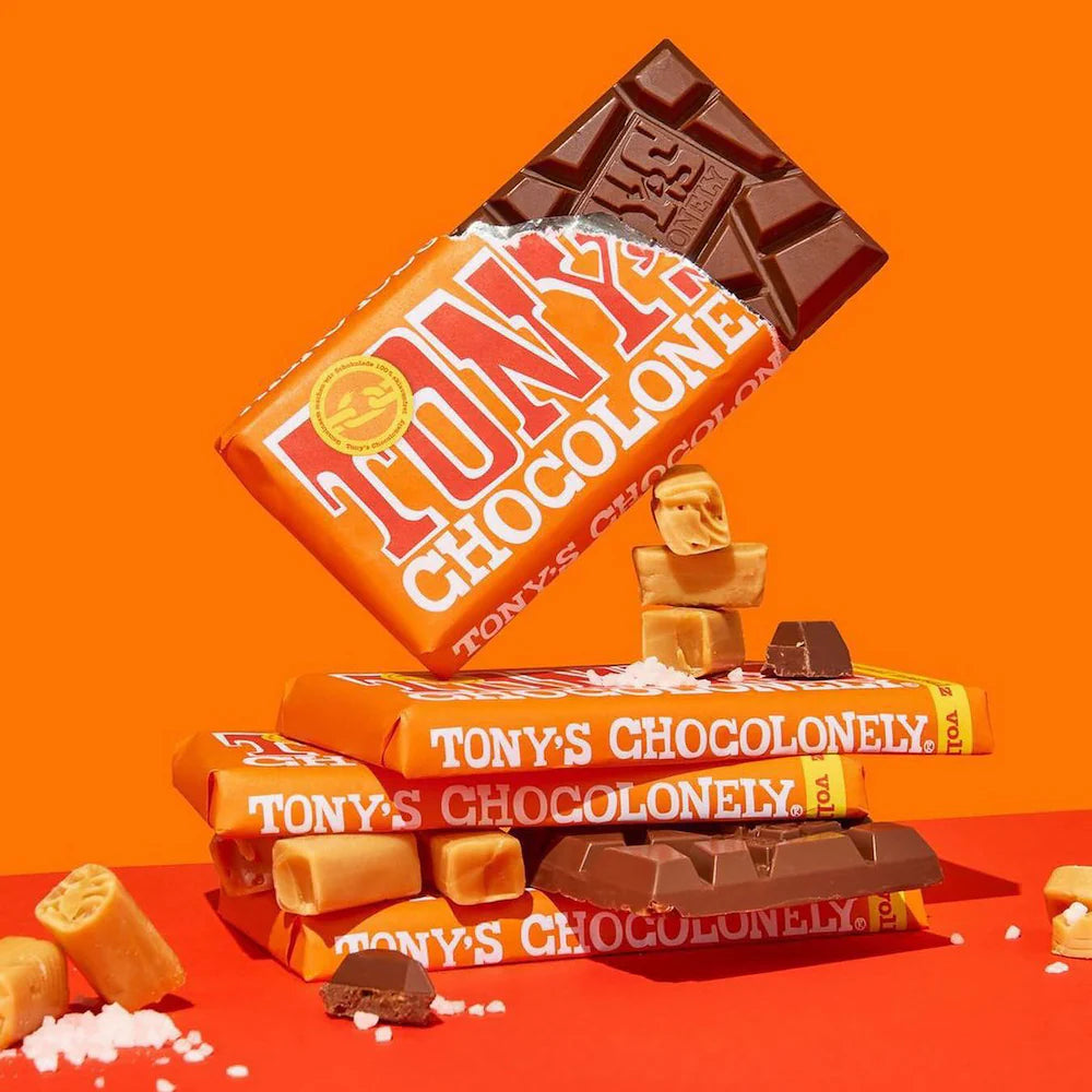 Tony’s chocolonely milk caramel pieces and sea salt chocolate bar